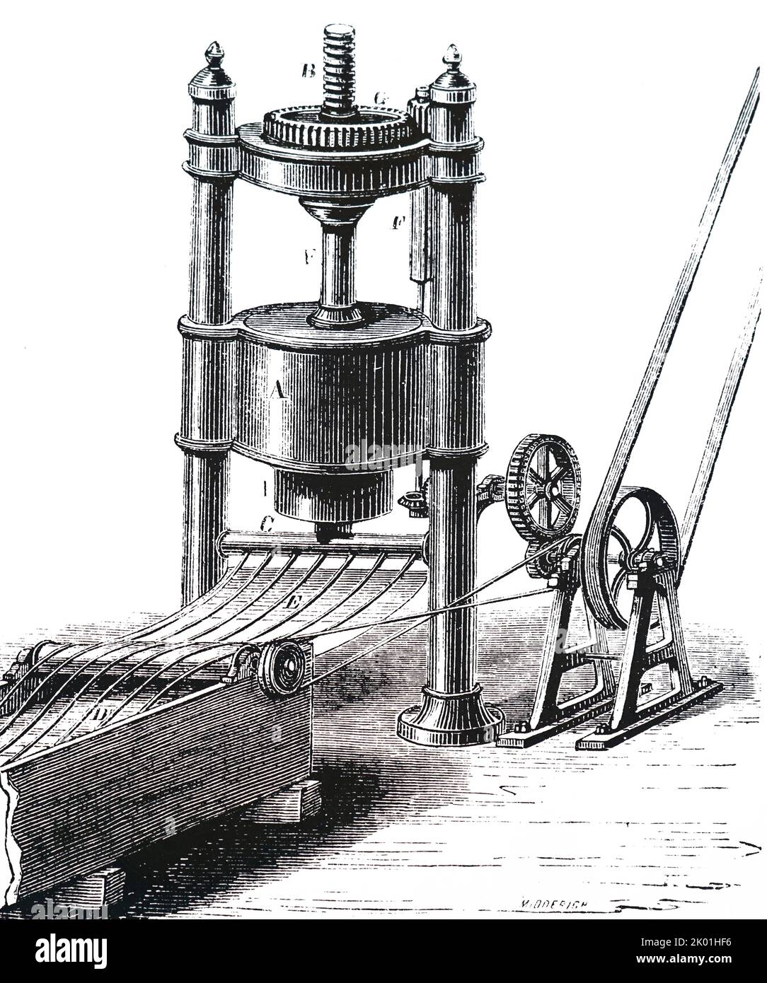 Maschine, die elastischen Faden macht. Von Louis Figuier Les Merveilles de l'Industrie, Paris, Nd c.1870. Stockfoto