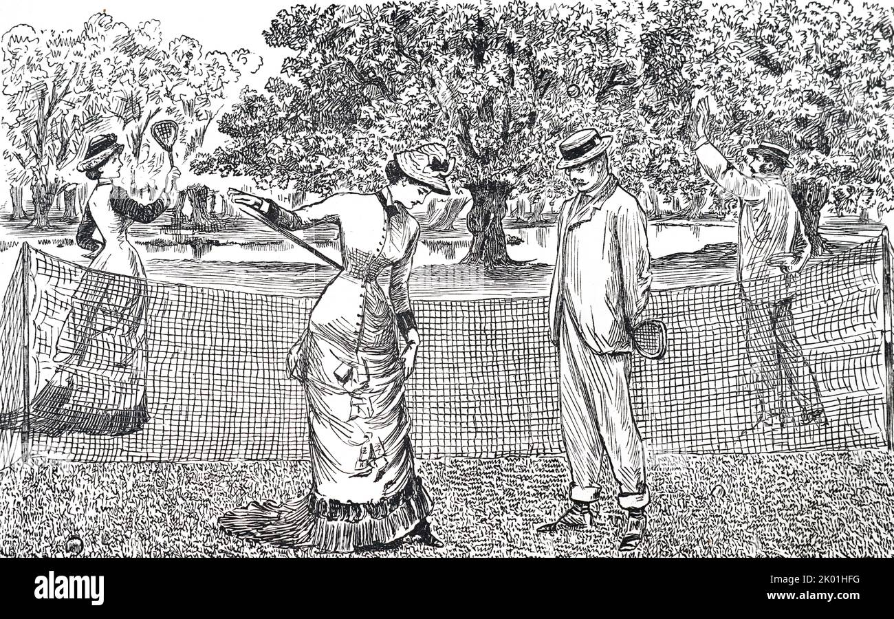 Eine Tennisspielerin beschwert sich, dass ihre neuen Tennisschuhe mit Gummisohlen ihre Füße ziehen. George du Maurier Cartoon aus Punch, London, 17. August 1878. Stockfoto