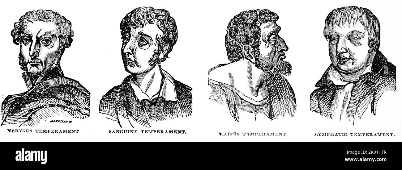 Die vier Temperamente: Nervös, Sanguin, Bilious und lymphatisch. Seit griechischer Zeit hatten die Ärzte vier Temperamente (Humors) erkannt, die sie mit den Qualitäten heiß, trocken, nass, kalt kombiniert hatten. Aus R. Trall Hydropathetic Enclyopedia, New York, 1874. Stockfoto