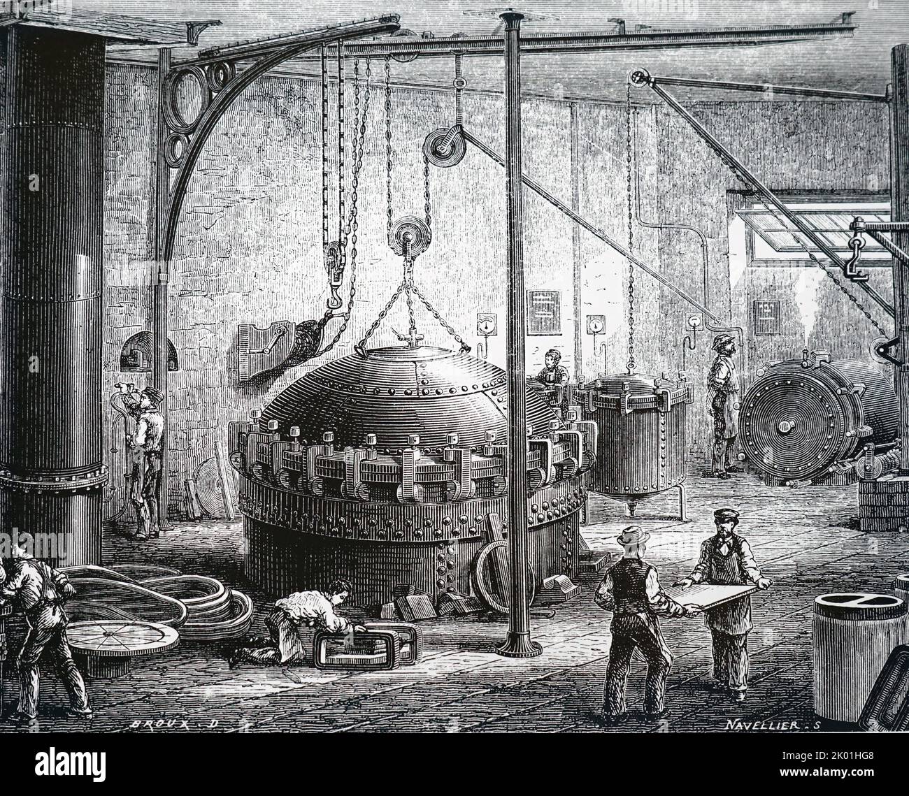 Kessel für die Dampfvulkanisierung von Gummi. Von Louis Figuier Les Merveilles de la Science, Paris, nd. c1870. Stockfoto