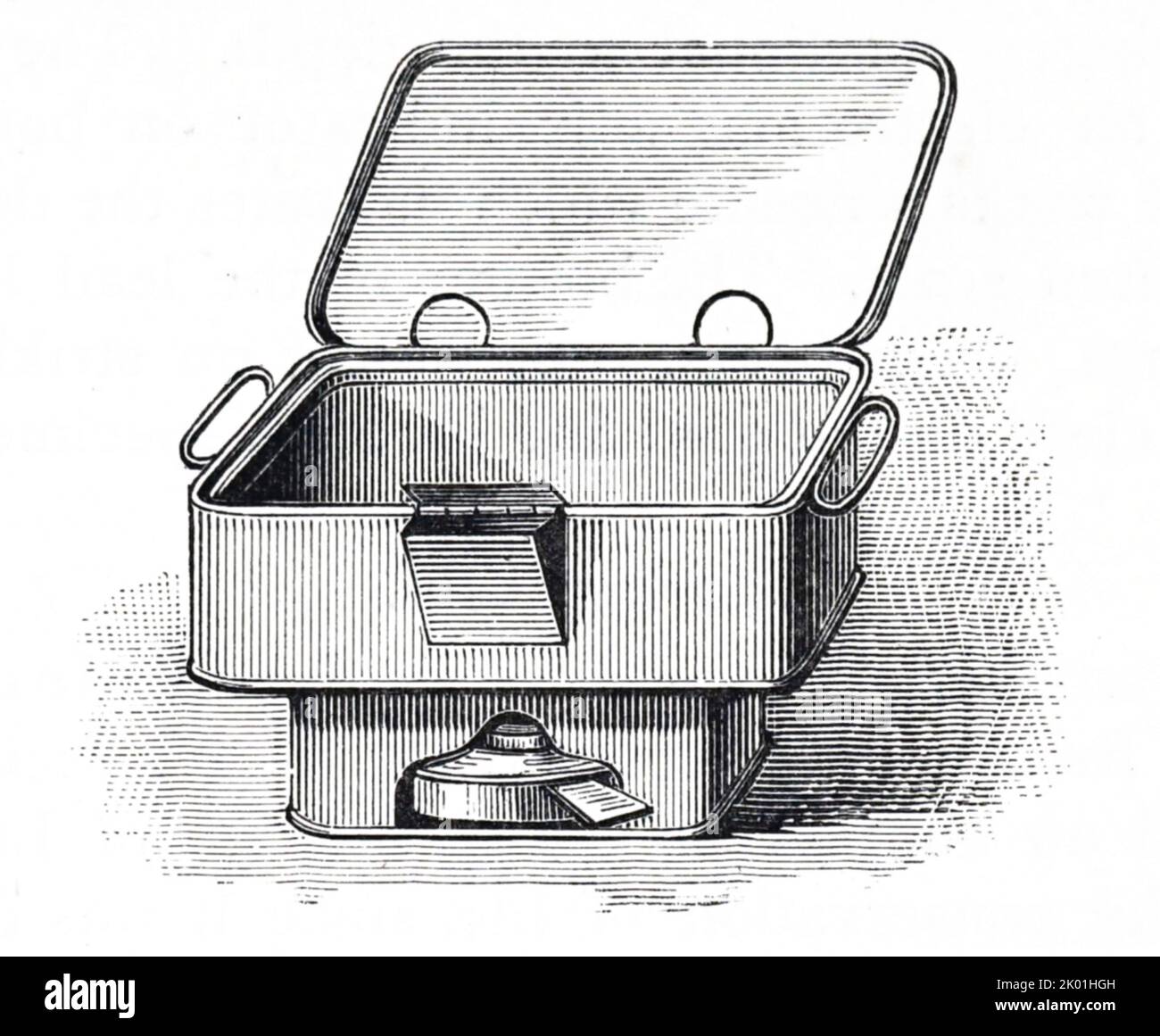 Box zum Erhitzen von Umschläge mittels einer Spirituslampe. Aus dem Cassell's Family Magazine, London, 1888. Stockfoto