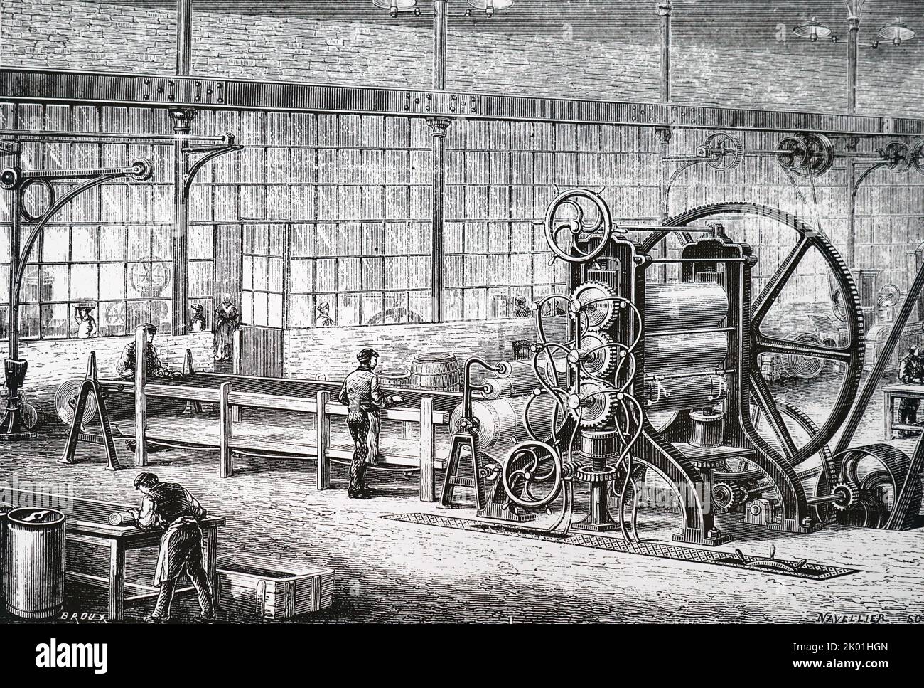 Walzwerk, in dem Blöcke aus raffiniertem Gummi zu dünnen Blechen reduziert wurden. Von Louis Figuier Les Merveilles de l'Industrie, Paris, Nd c.1870. Stockfoto