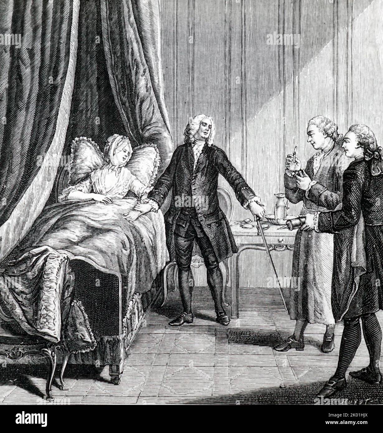 Ein modischer Patient. Der Arzt nimmt ihren Puls, während der Chirurg sich mit einem Messer nähert, das sie bluten lässt, und der Apotheke mit einer Spritze, um einen Einlauf zu verabreichen. Kopie eines Stichs aus Costumes Francais, 18.. Jahrhundert. Stockfoto