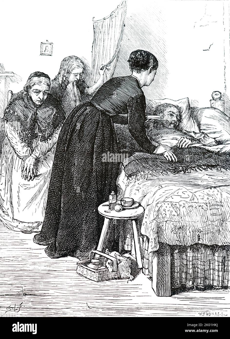 Eine wohltätige Dame besucht eine arme Familie und hilft, sich um eines ihrer Mitglieder zu kümmern, das im Sterben liegt. Illustration von Samuel (Luke) Fildes (1843-1927) for the Quiver, London, 1868. Patchwork-Steppdecke auf dem Bett. Stockfoto