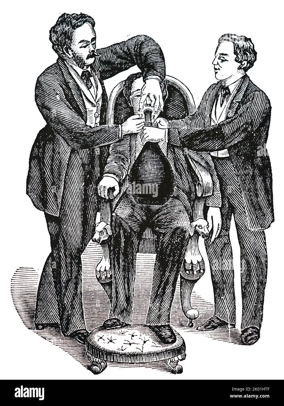 Frühe Methode zur Abgabe von Lachgas (Lachgas). Dies war nicht mehr als ein Mundstück, das durch ein Rohr mit einem Gasbeutel verbunden war. Von Henry M Lyman Artificial Anesthesia and Anaesthestics, London, 1883. Stockfoto