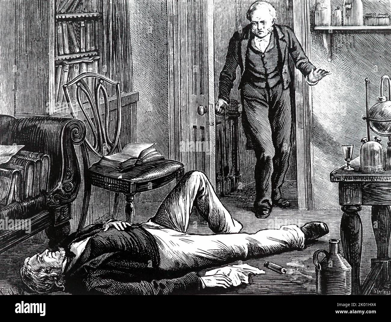 James Young Simpson (1811-1870) wurde von Clarke, seinem Butler, unconcious entdeckt, nachdem er an sich selbst mit Chloroform experimentiert hatte. Aus Edwin Hodder Heroes of Britain in Peace and war, London, nd. c1880. Stockfoto