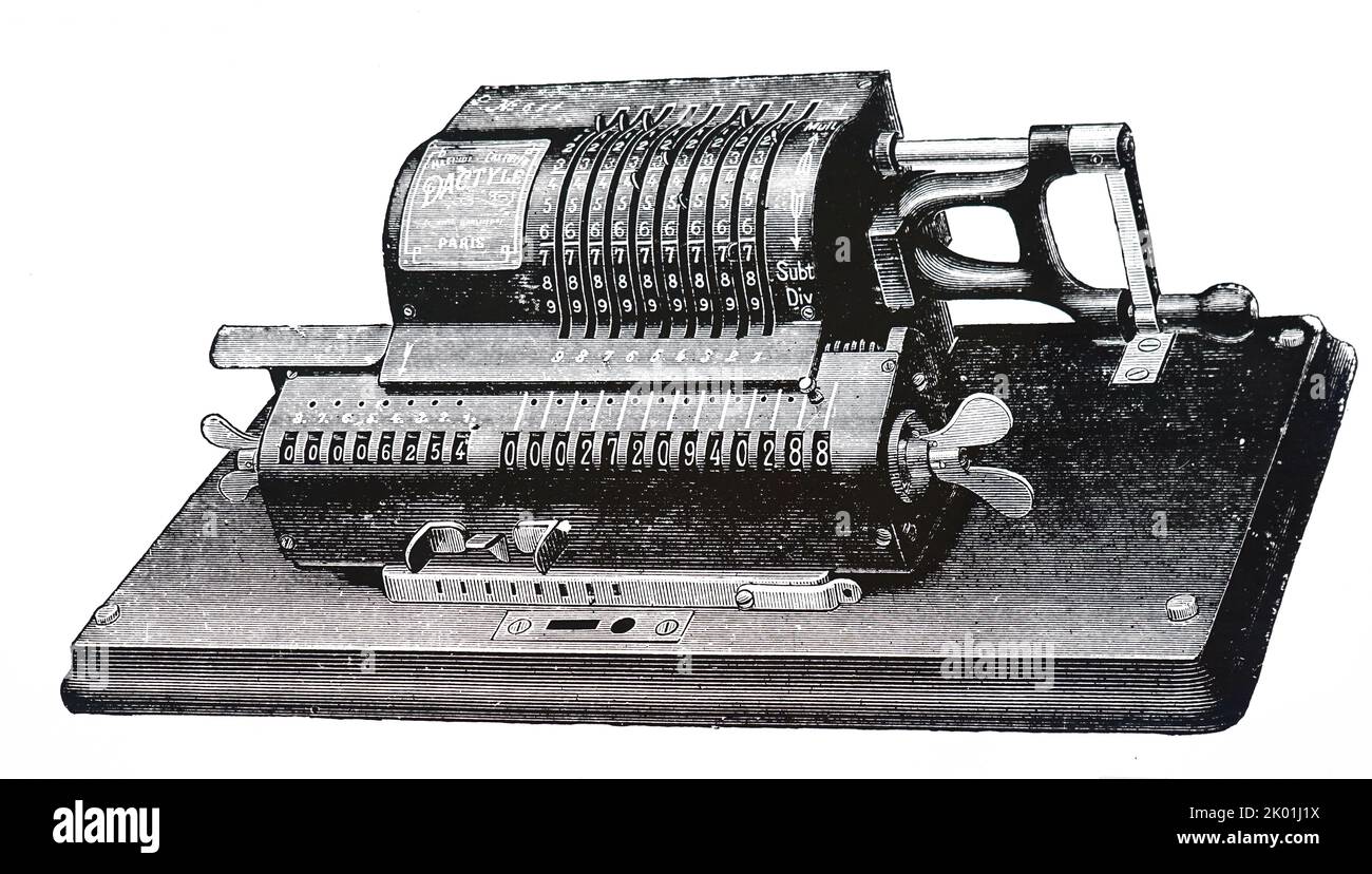 Mechanische Rechenmaschine von Chateau entworfen und bekannt als die "Dactyl". Von La Nature, Paris, 1904. Stockfoto