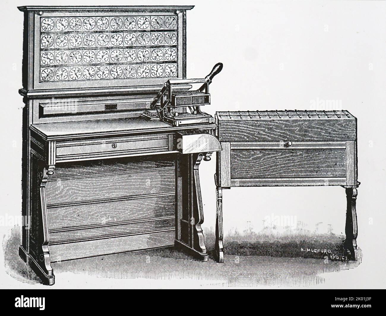 Hollerith elektrischer Tabulator. Die ganze Maschine zeigt die Tafel mit den Zählerschaltern, der Schließpresse und dem Sortierkasten (rechts). Aus Park Benjamin Modern Mechanism, London und New York, 1892. Stockfoto