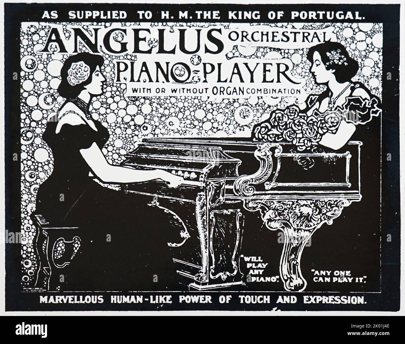 Werbung für das Angelus-Spieler-Klavier, das „sofort die Notwendigkeit von Stunden des täglichen Übens beseitigt“. Aus Der Sphäre, London, 7. Dezember 1901. Stockfoto