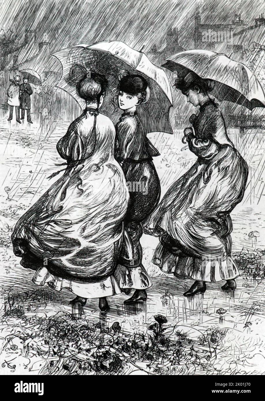 Junge Frauen mit Regenschirmen. Illustration von Gordon Thomson (F1. 1864-1866) aus dem Sunday Magazine, London, 1868. Stockfoto