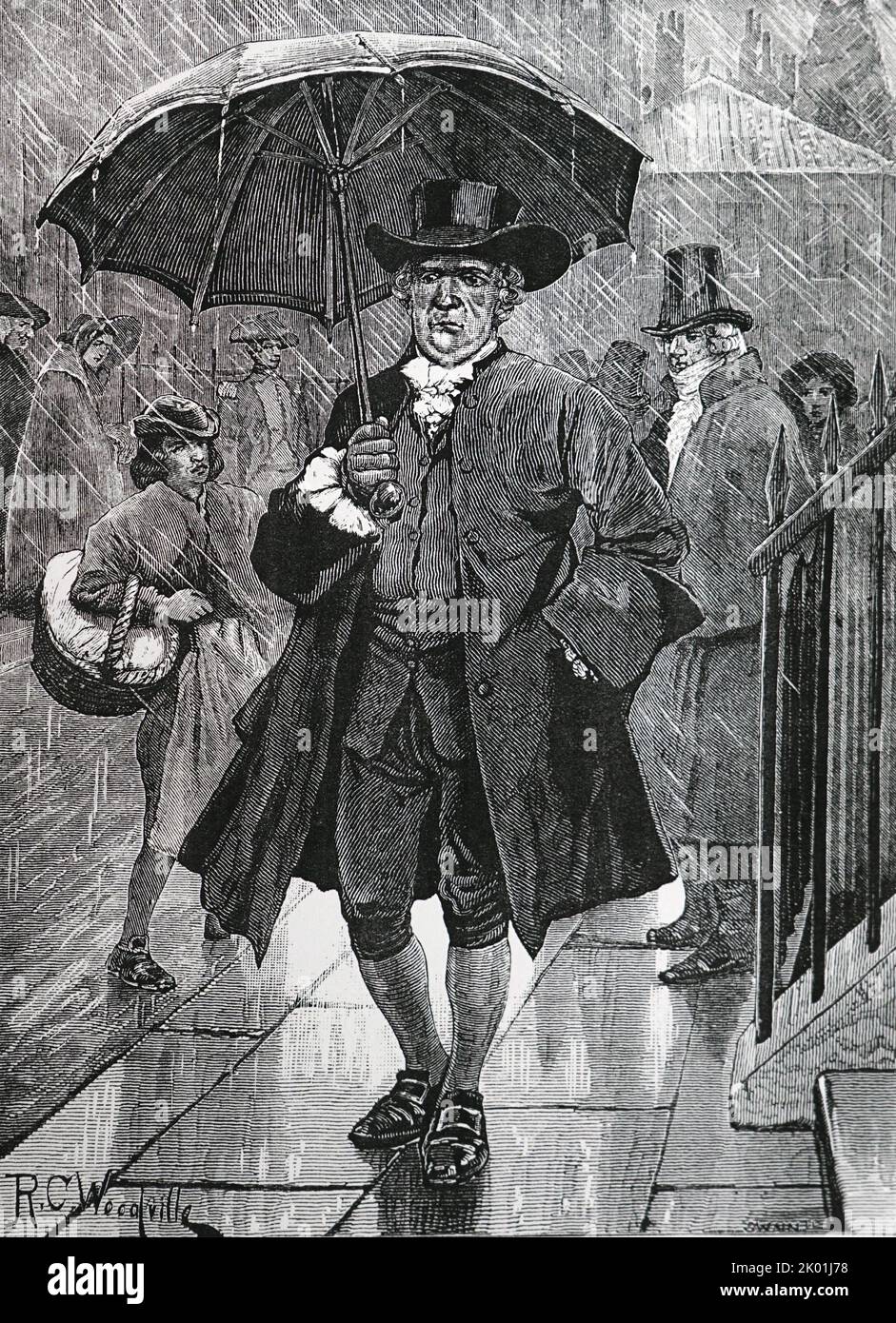 Jonas Hanway (1712-1786). Englischer Philanthropin und Reisender. Champion der Schornsteinfeger und waifs. Einführung des Regenschirms in England. Aus einem Druck, der um 1880 in London veröffentlicht wurde. Stockfoto