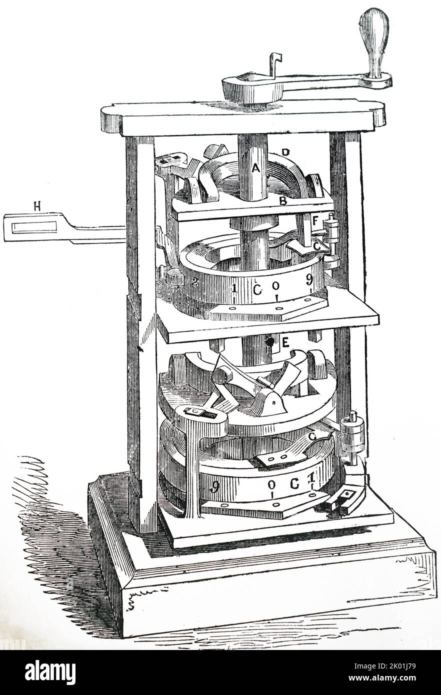 Einzelnes Fass der Rechenmaschine von George und Edward Scheutz. Basierend auf Babbages 'Difference Engine' wurde es zwischen 1837 und 1843 entwickelt. Es wurde für Dudley Observatory, Albany, New York und eine Kopie von Donkins für die Berechnung der Lebenstabellen im Somerset House gekauft. Aus Den Illustrated London News, 1853. Stockfoto