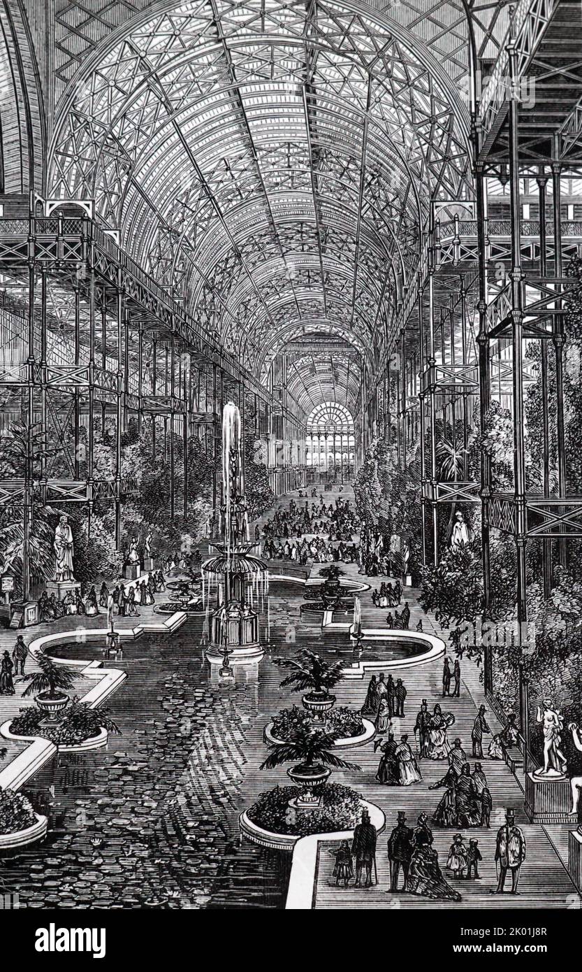 Das Innere des Kristallpalastes zeigt das eiserne Skelett. Aus Robert Routledge Entdeckungen und Erfindungen des 19.. Jahrhunderts, London, 1876. Stockfoto