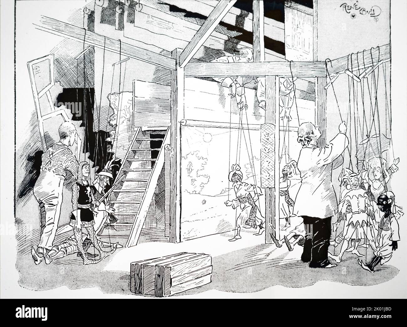 Hinter den Kulissen der Firma Ettore Prandis Marionette bei ihrem Besuch im Crystal Palace, London. Von La Science Illustree, Paris, 1893. Stockfoto