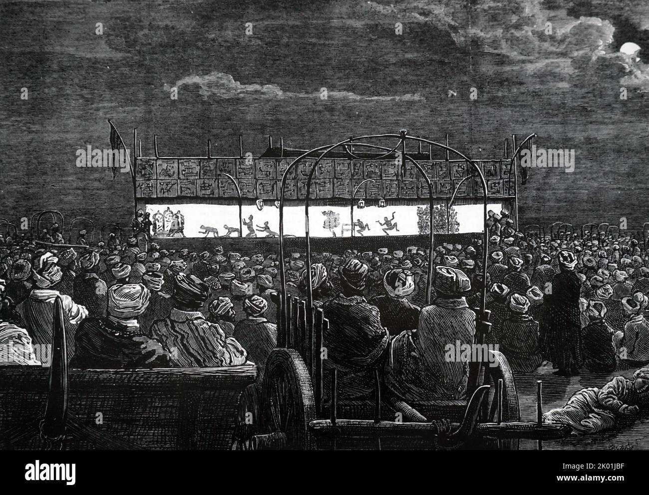 Ein Schattenpuppentheater in der Nähe von Rangun. Aus The Graphic, London, 17. April 1880. Stockfoto