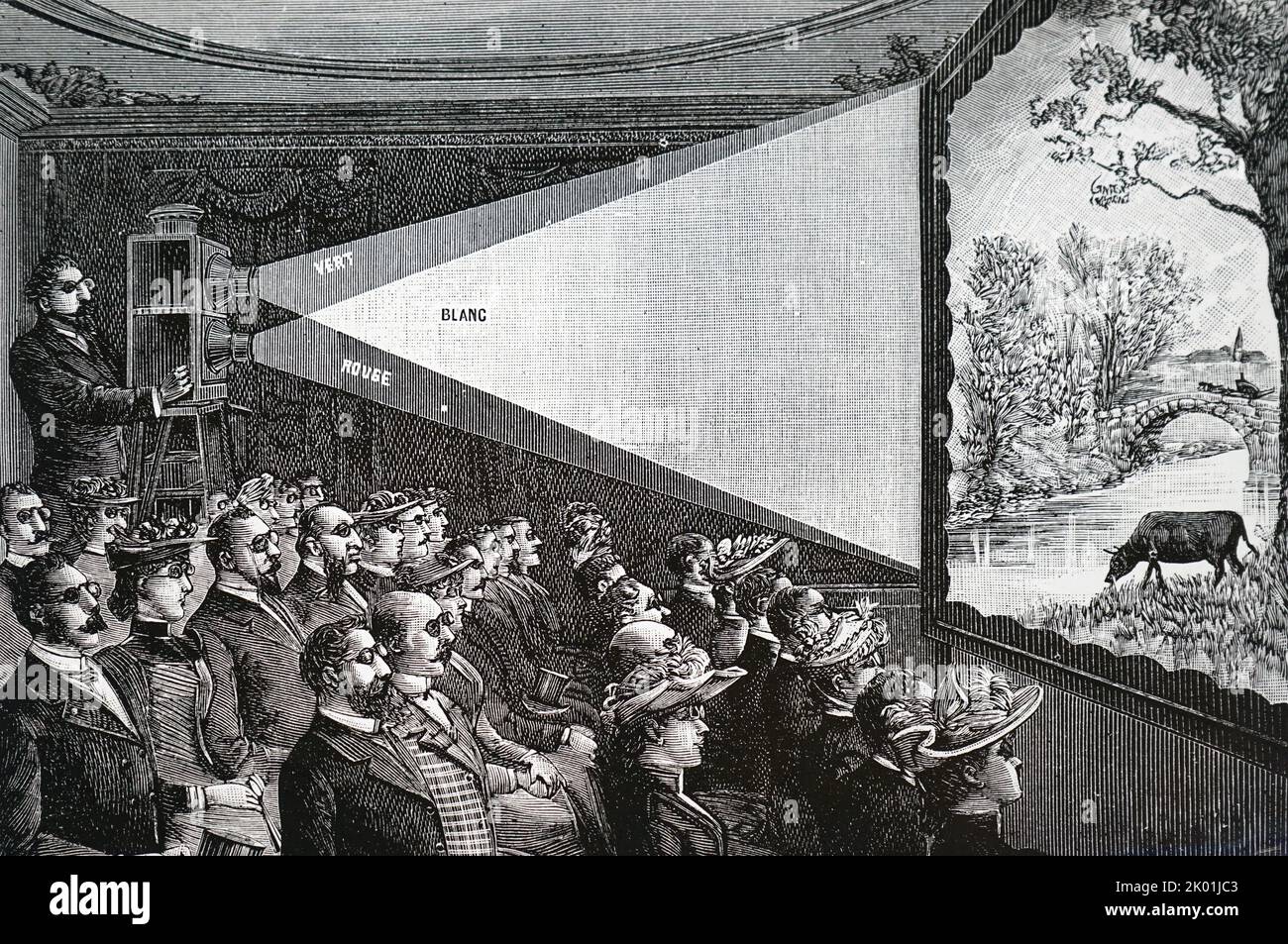 Publikum, das eine Brille mit (rechter) grüner und (linker) roter Linse trägt, sieht sich eine stereoskopische Diashow mit Moltenis Adaption von d'Almeidas Apparat an. Aus La Nature, Paris, 27. Dezember 1890. Stockfoto