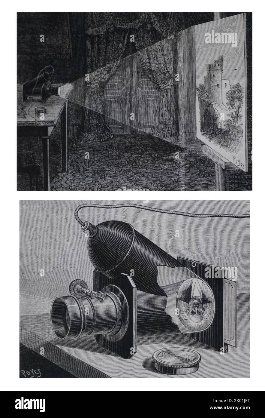 Trouves Megaskop für die Projektion undurchsichtiger Bilder und Objekte auf einen Bildschirm - elektrisches Licht. Von La Nature, Paris, 1888. Stockfoto