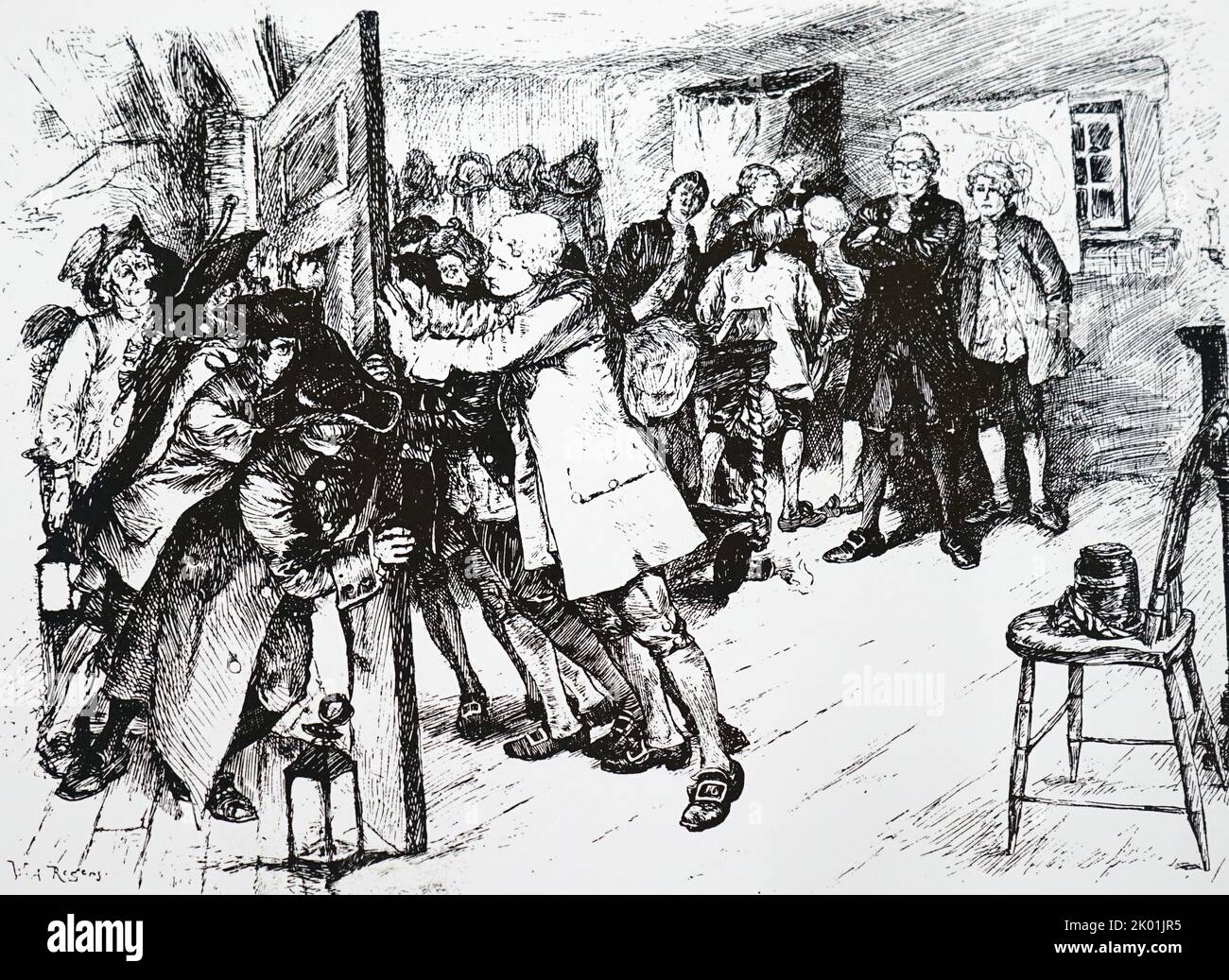 Künstlerische Darstellung einer unterbrochenen Sektion in New York im 18.. Jahrhundert. 1822. Stockfoto