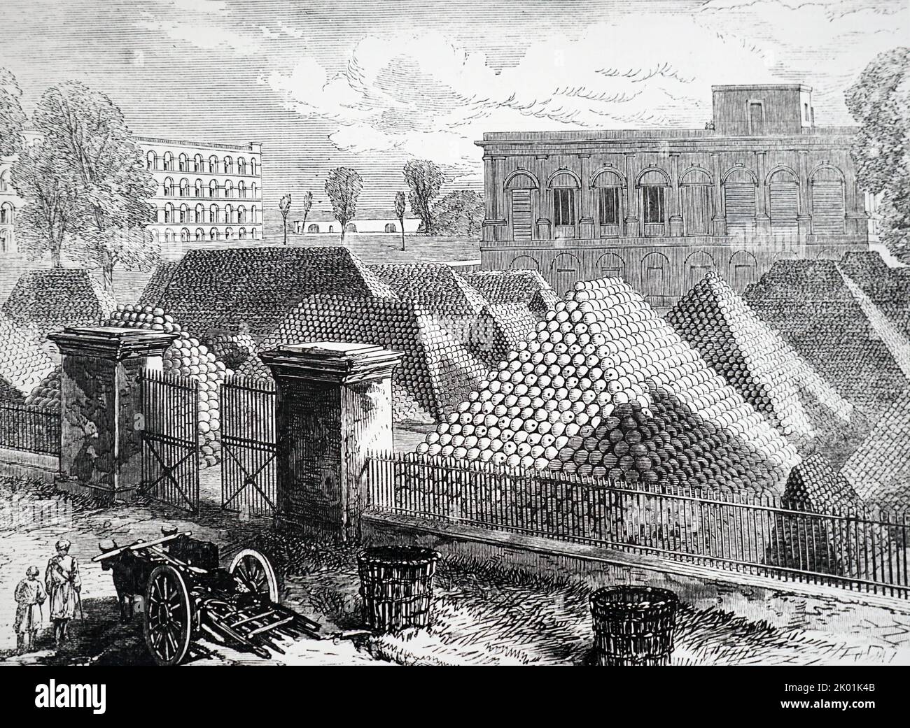 Government House Fort und Dalhousie Barracks, Kalkutta. Die Ammunition ist in Pyramiden gestapelt. Stockfoto
