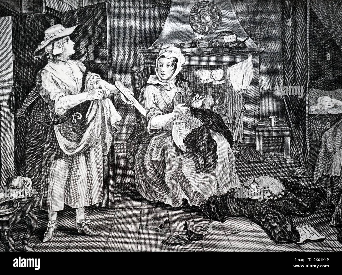 Milkmaid fordert die Abrechnung ihrer Rechnung, aufgezeichnet auf dem Tally-Stick, den sie in der Hand hält. Detail aus Hogarth's Gravur 'The Distrest Poet', 1740. Stockfoto