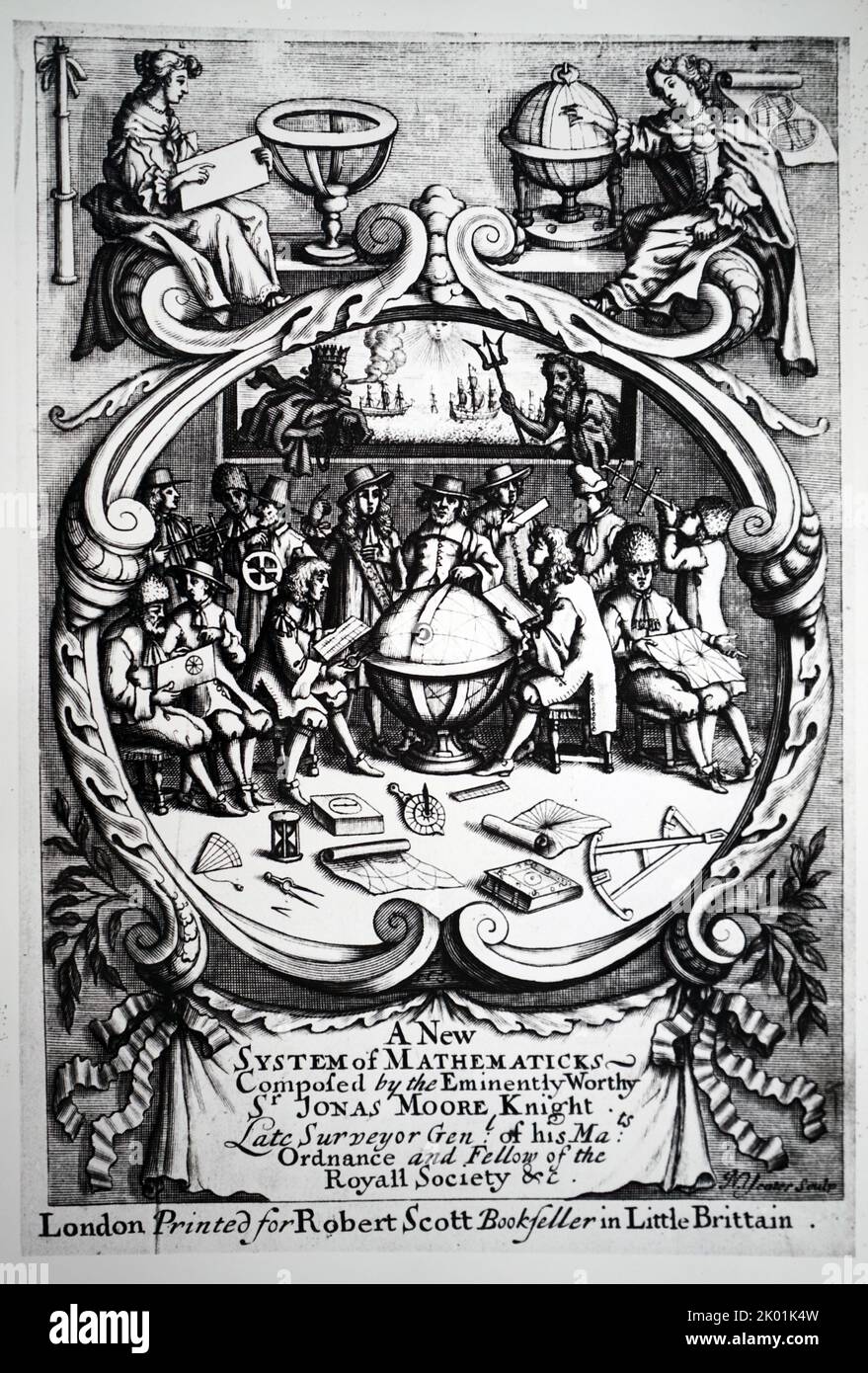 Frontispiz von Jonas Moore A New System of Mathematics, London, 1681. Das Buch wurde für die Mathematische Schule in Christ's Hospital. Es war unvollendet auf Moore's Tod im Jahr 1679, sondern wurde von John Flamsteed und Peter Perkins. Stockfoto