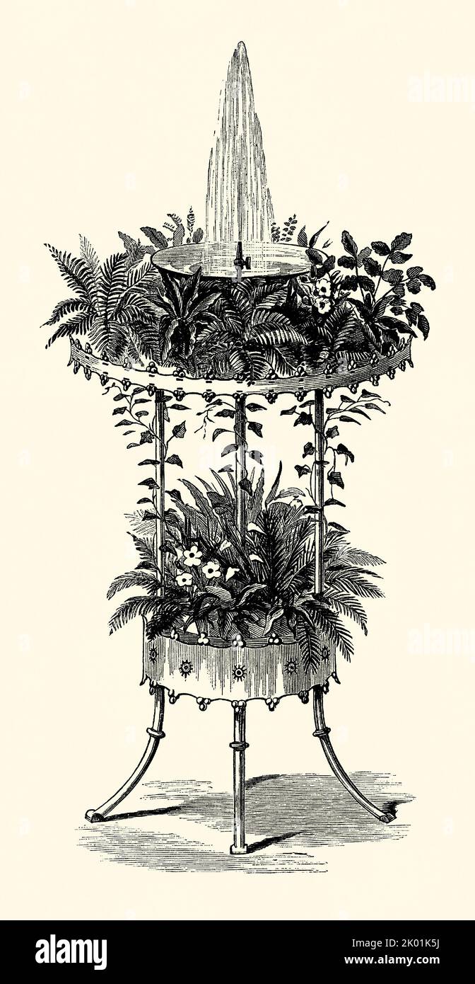 Eine alte viktorianische Gravur eines Designs für einen dekorativen Tisch Brunnen Wasserspiel. Es stammt aus einem Buch von 1890. Das Wasser wird mittels Hydropneumatik wieder umgewälzt. Die Metallarbeiten bestehen hauptsächlich aus Zink mit Stahl/Eisen, dekorativen Beinen. Das Design fungiert auch als Farnerie. Stockfoto