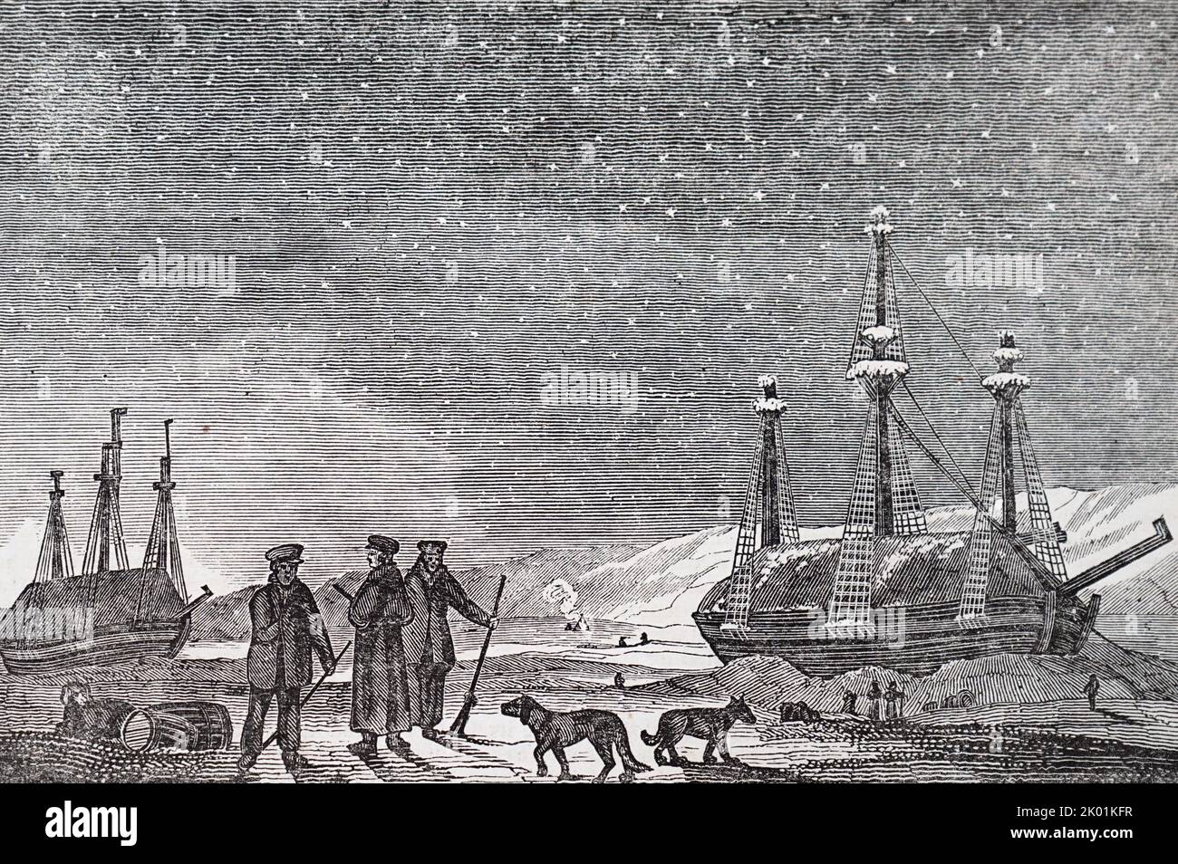 Die Hecla und Griper im Winterquartier, Parrys erste arktische Expedition. Stockfoto
