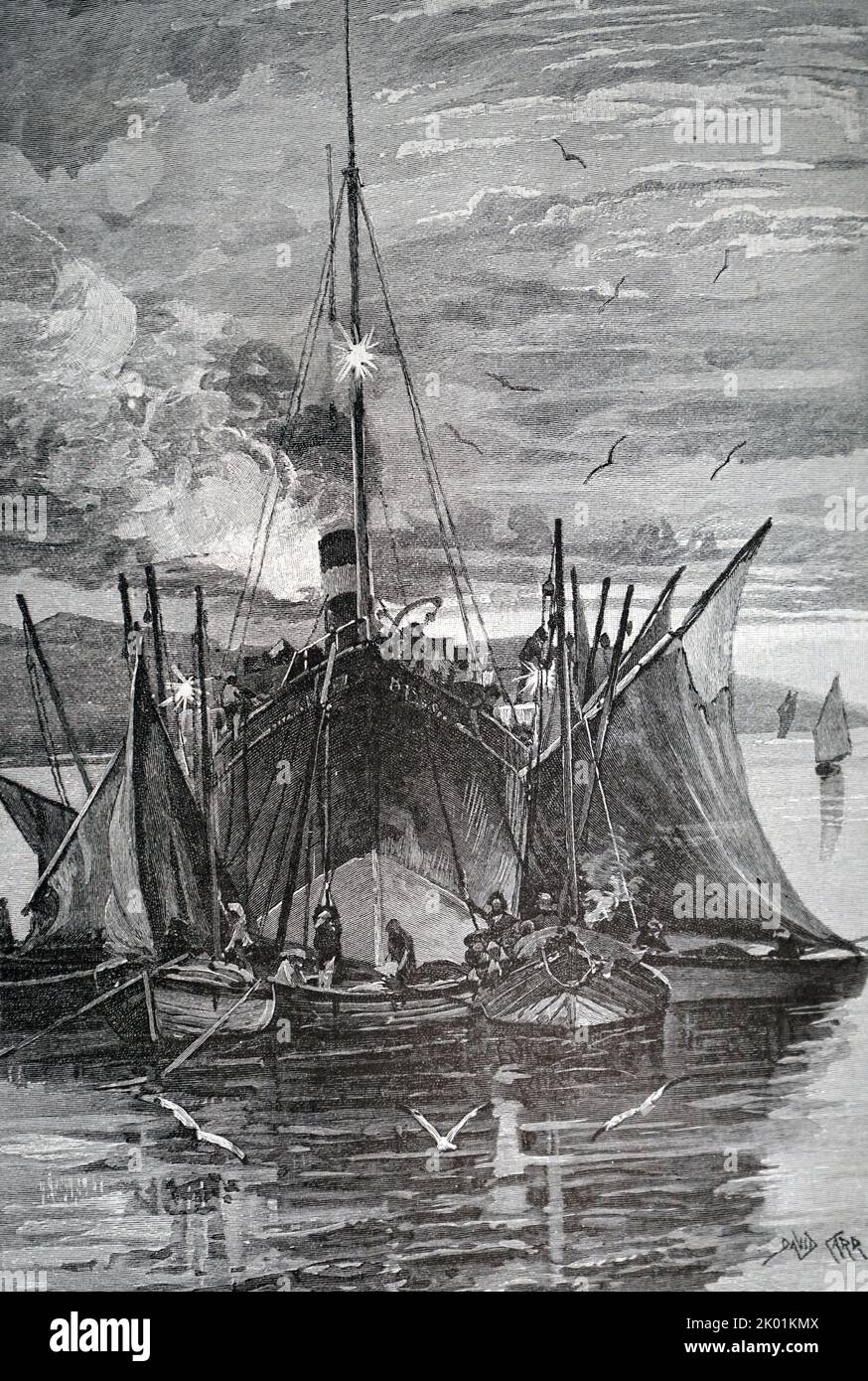 Die Fischerboote von Loch Fyne versammelten sich im Morgengrauen um den Dampfer, um ihren Fang zu verkaufen. Stockfoto