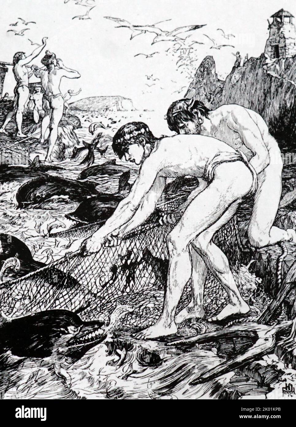 Illustration des Berichts von Plinius Secundus, dass in der Gegend von Narbonne, als sich die Schwärme von Meeräschen in den Untiefen befanden, die lokalen Fischer die Delphine auffordern würden, die Fische einzuäumen, um sie davon abzuhalten, in tieferes Wasser zu fliehen. Stockfoto
