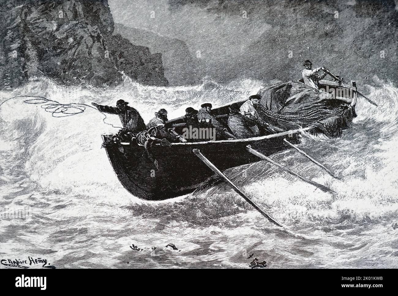 Ein kornisches Fischerboot in schwerer See, dieses Boot verwendete ein seine-Netz. Stockfoto