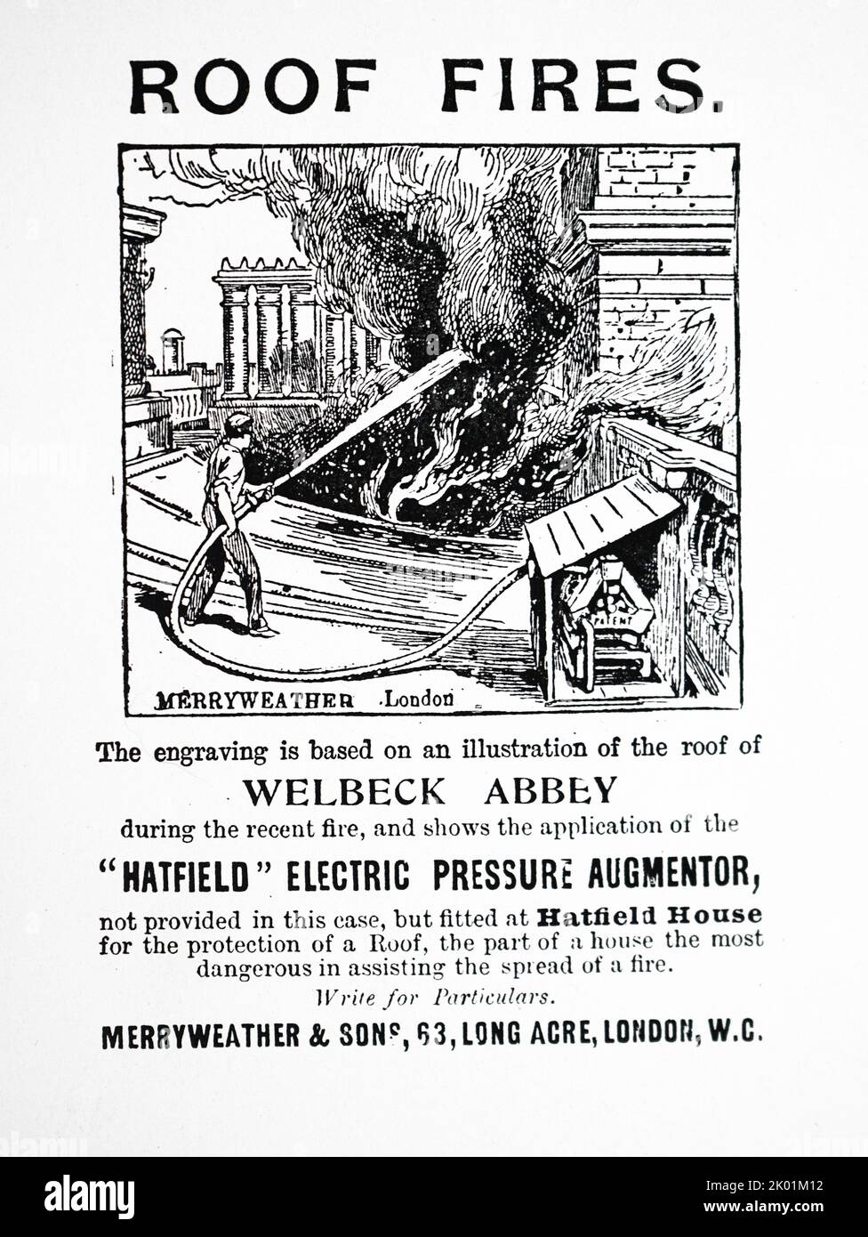 Zeitschriftenwerbung für Feuerlöschgeräte für Herrenhäuser. Merryweather & Sons, 1900. Stockfoto