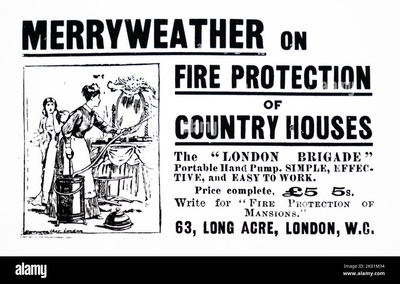 Werbung für einfache tragbare Handpumpe zur Bekämpfung von Hausbränden mit Wasser. Merryweather. Stockfoto