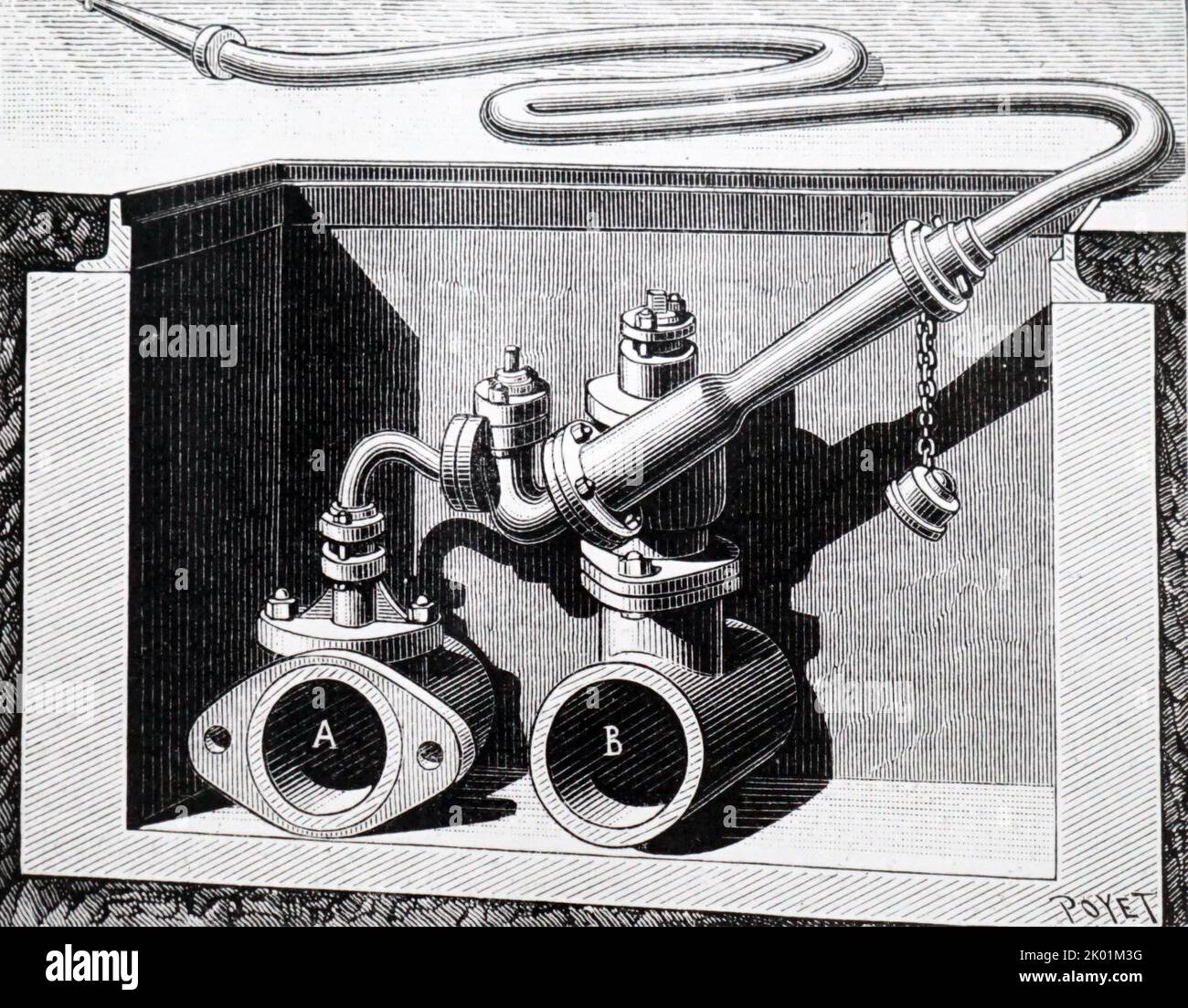 Hydrant Wasser, das unter hohem Druck mit Strom von Hydraulic Power Company, London, geliefert wird. Stockfoto