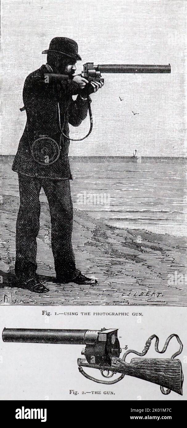 EJ Mareys Fotopistole, die er für seine Studien zur Tierbewegung, Chronophotographie, 1882, entwickelte. Stockfoto
