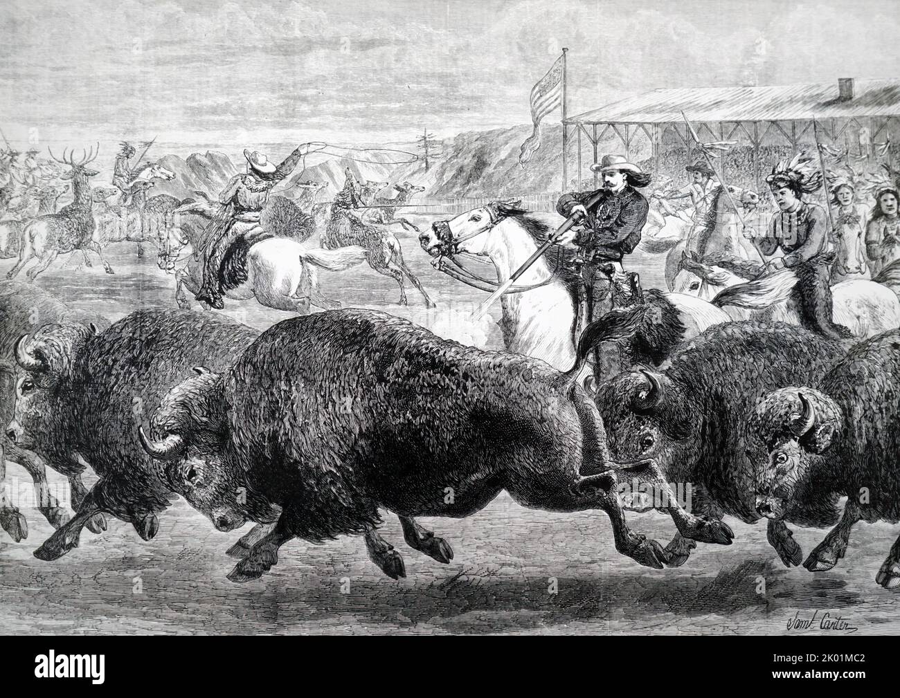 Buffalo Bill (William F Cody) inszeniert in seiner Wild-West-Show auf der American Exhibition in Olympia, London, eine Scheinbuffeljagd und Wapiti-Jagd. Stockfoto