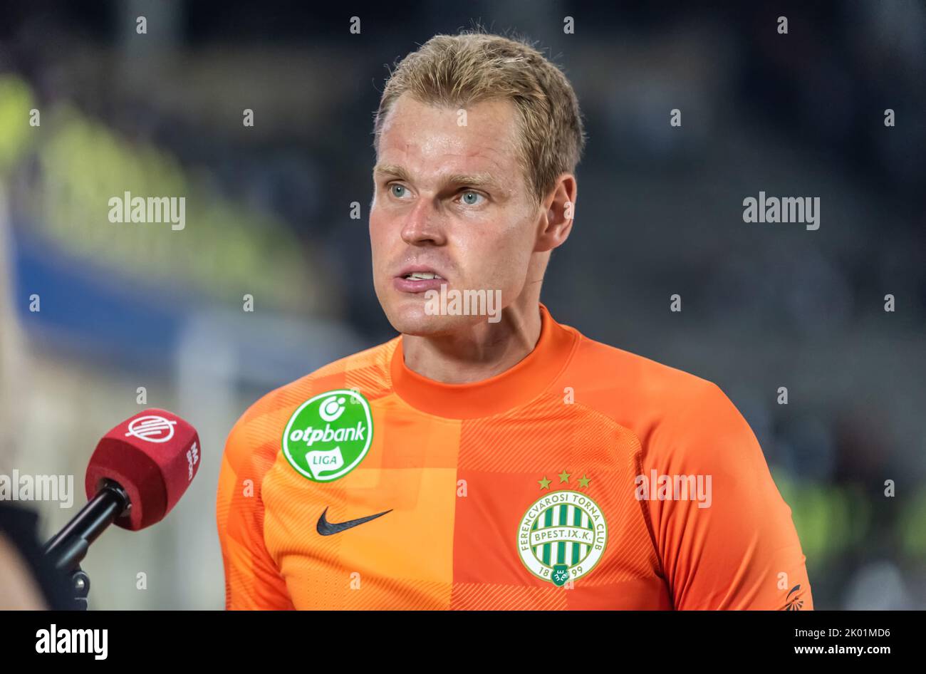Baku, Aserbaidschan – 3. August 2022. Ferencvaros-Torwart Denes Dibusz nach dem UEFA Champions League-Qualifikationsspiel Qarabag gegen Ferencvaros (1-1). Stockfoto