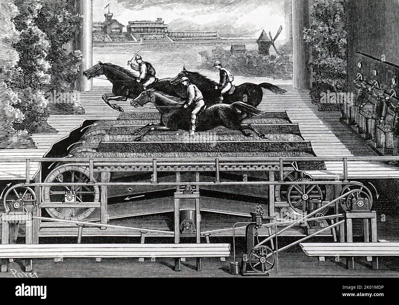 Ausschnitt aus der Bühne des Theatre des Varietes, Paris, das in einer seiner Produktionen eine Pferderennen-Szene inszenierte. Stockfoto