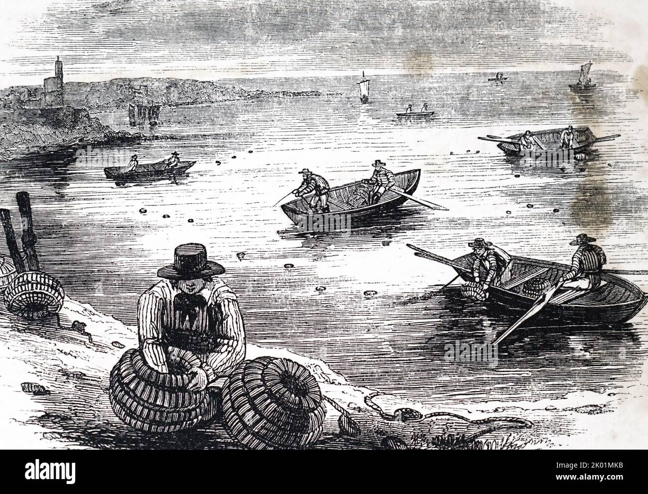 Krabbenfischer untersuchen ihre Krebsteine, London, 1837. Stockfoto