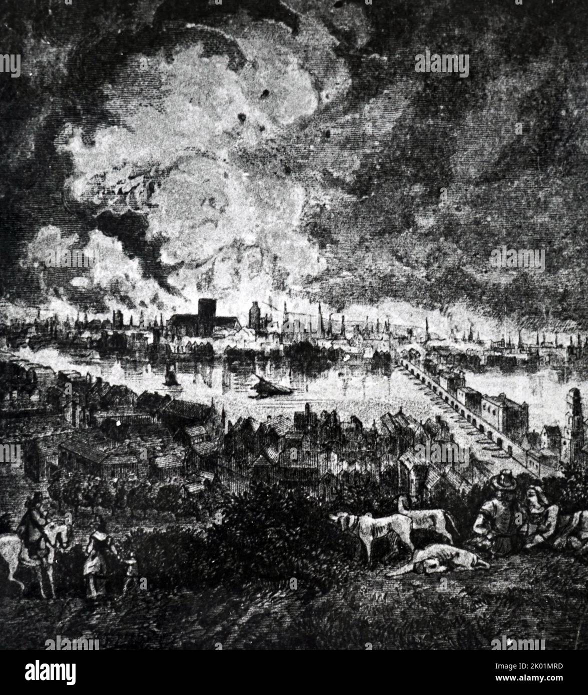 The Fire of London, 1666. Blick vom Südufer der Themse aus, auf dem Old Saint Pauls gegen die Flammen silhoutiert ist. Stockfoto