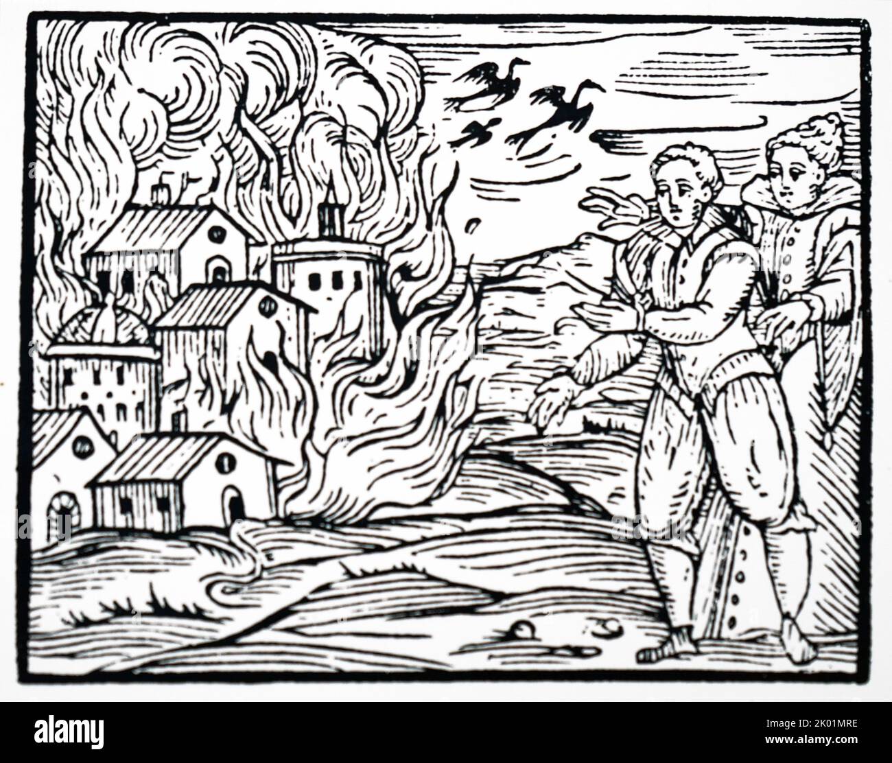 Hexen zerstören ein Haus durch Feuer. Schwaben, 1533. Stockfoto