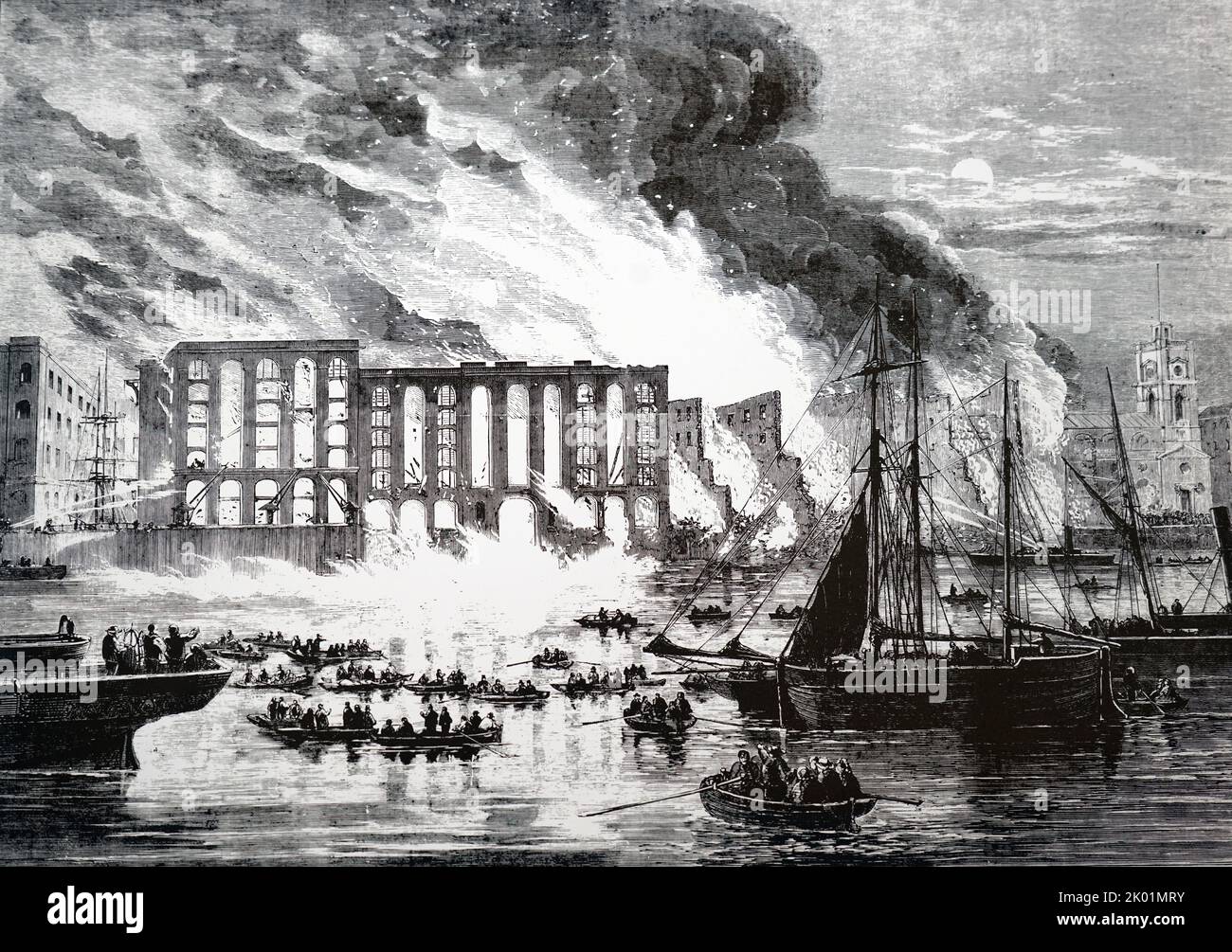 Brennen von Cotton's Wharf, Southwark, während des Feuers in der Tooley Street. Stockfoto