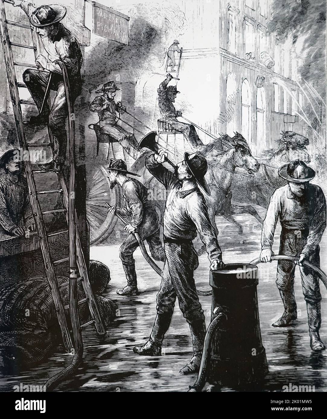 Der große Brand von Chicago, 1871. Feuerwehrmänner tun ihr Möglichstes, um die Flammen zu kontrollieren. Stockfoto