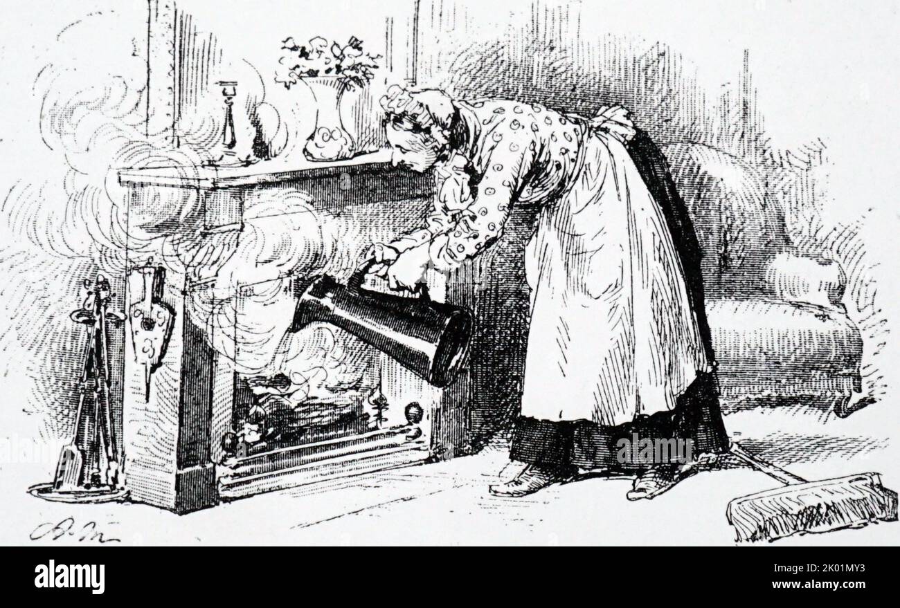 Das Zimmermädchen löscht ein Feuer mit einem Wasserkrug. Paris, c1879. Stockfoto