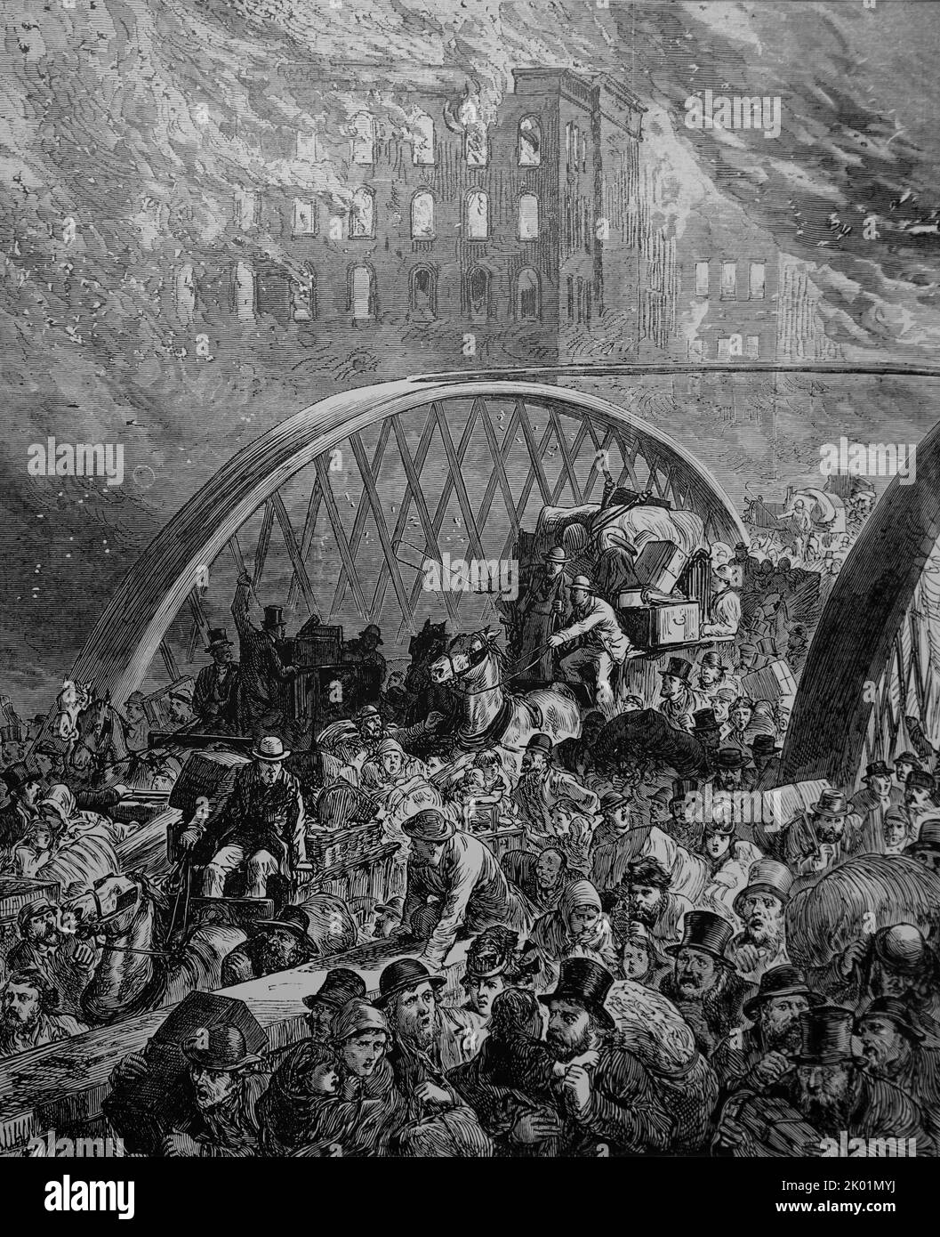 Der große Brand von Chicago, 1871. Bürger, die vor dem Feuer über die Randolph Street Bridge fliehen. Stockfoto