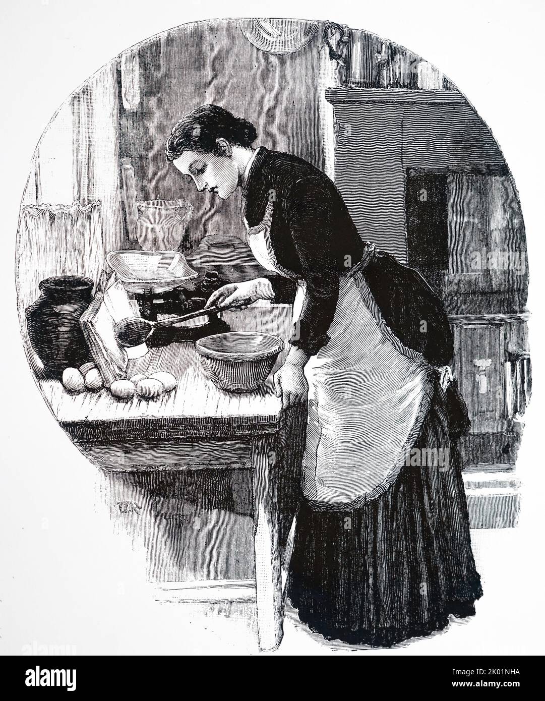 Die Dame beginnt, einen Kuchen oder einen Pudding zu machen. Stockfoto