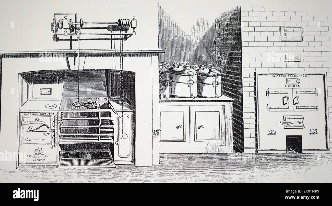 Kochplatte mit Öfen und Küchenbereich mit Rauchmelder und Spieß, gezeigt auf der Großen Ausstellung von 1851, von W Cook aus der Carnaby Street, London. Stockfoto