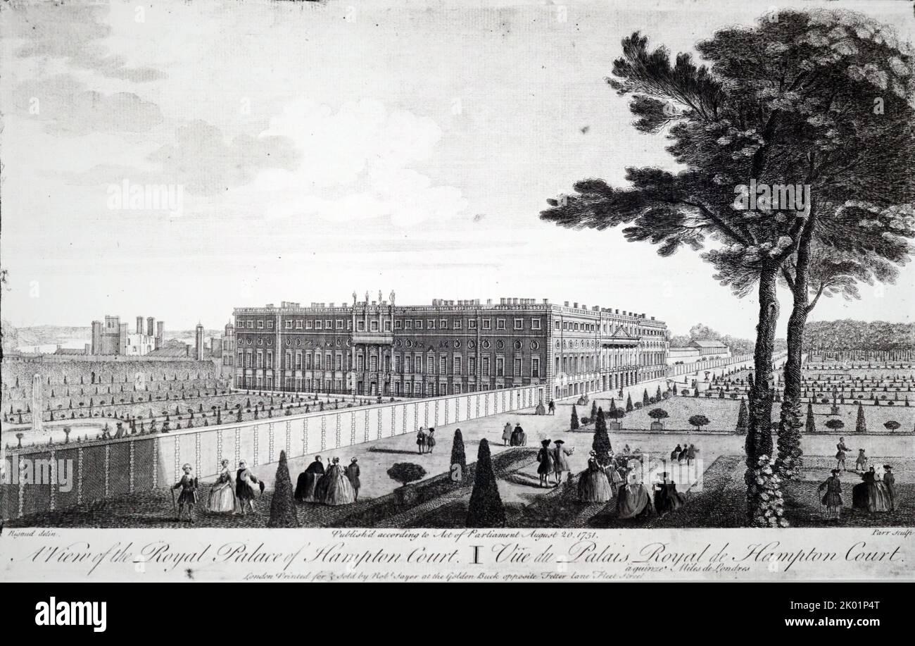 Hampton Court, wo immer noch die von William III. Und Queen Anne favorisierten Evergreens und Boxparterres gezeigt werden. Stockfoto