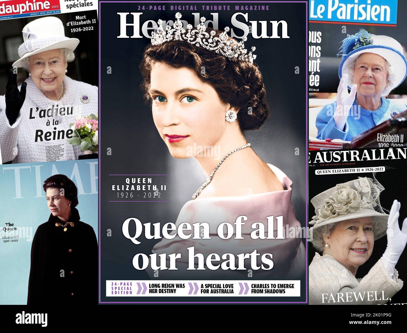 Weltzeitungen zum Tod von Königin Elisabeth II. Am 8.. September 2022. Die gezeigten Papiere wurden einen Tag später am 9.. September veröffentlicht. Stockfoto