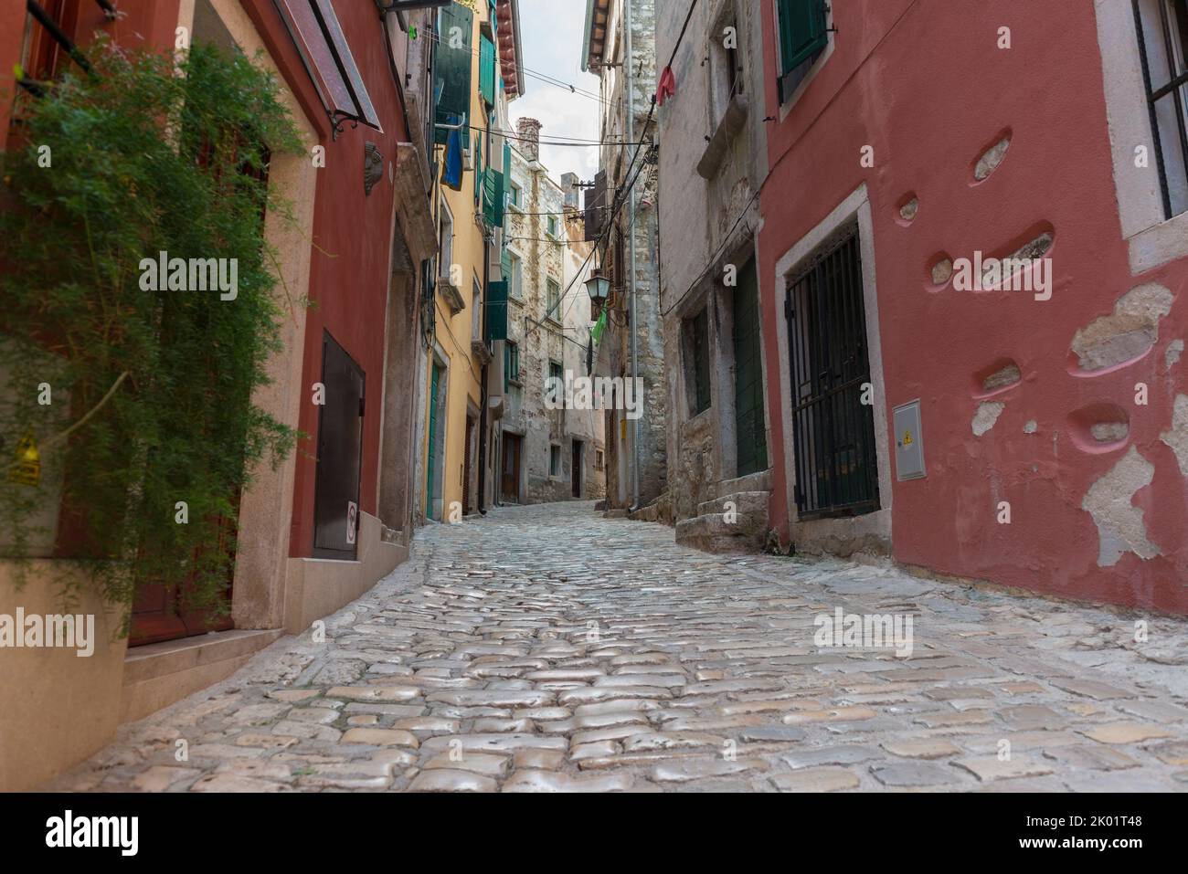 Blick in eine malerische Straße in der historischen Stadt Rovinj, Kroatien, Europa. Stockfoto