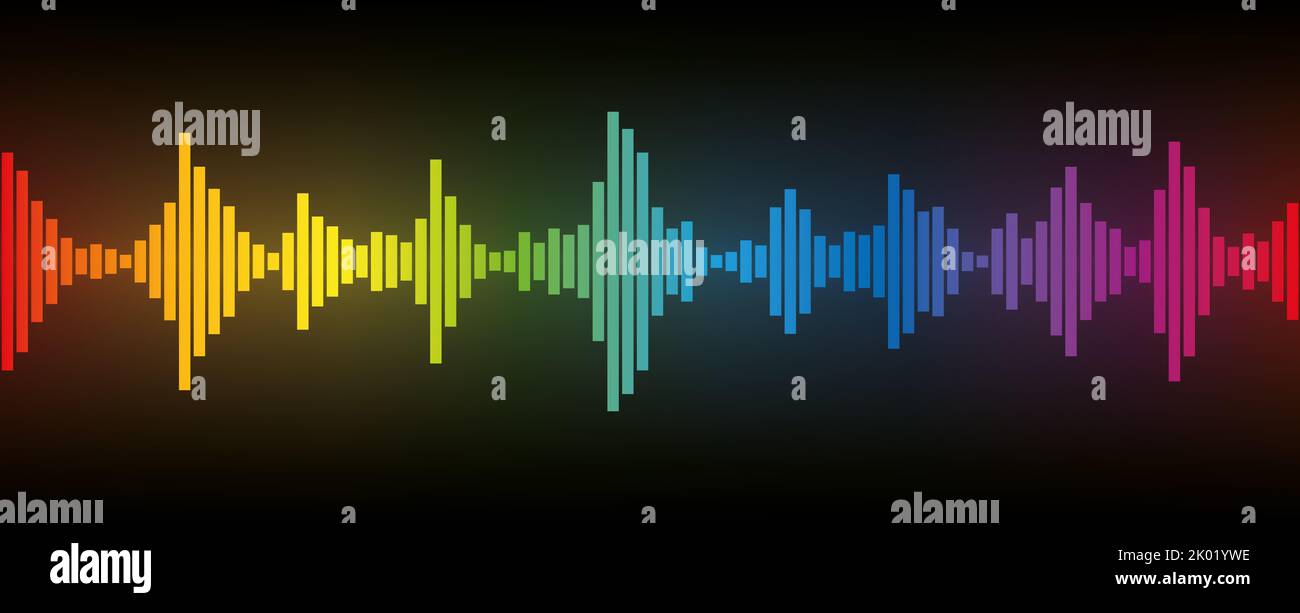 Soundwave-Equalizer-Balken, bunte Lautstärkewelle, Regenbogen-Farbtonfrequenzskala oder Schallwellenamplitude. Nahtlos erweiterbar. Stockfoto